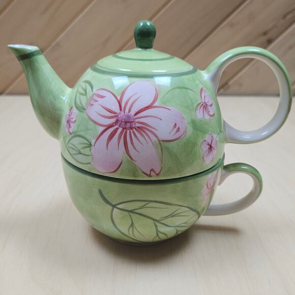 Vintage April Cornell Ceramic Teapot Cup/Pitcher Nesting Set Green Pink Flower - Picture 1 of 10